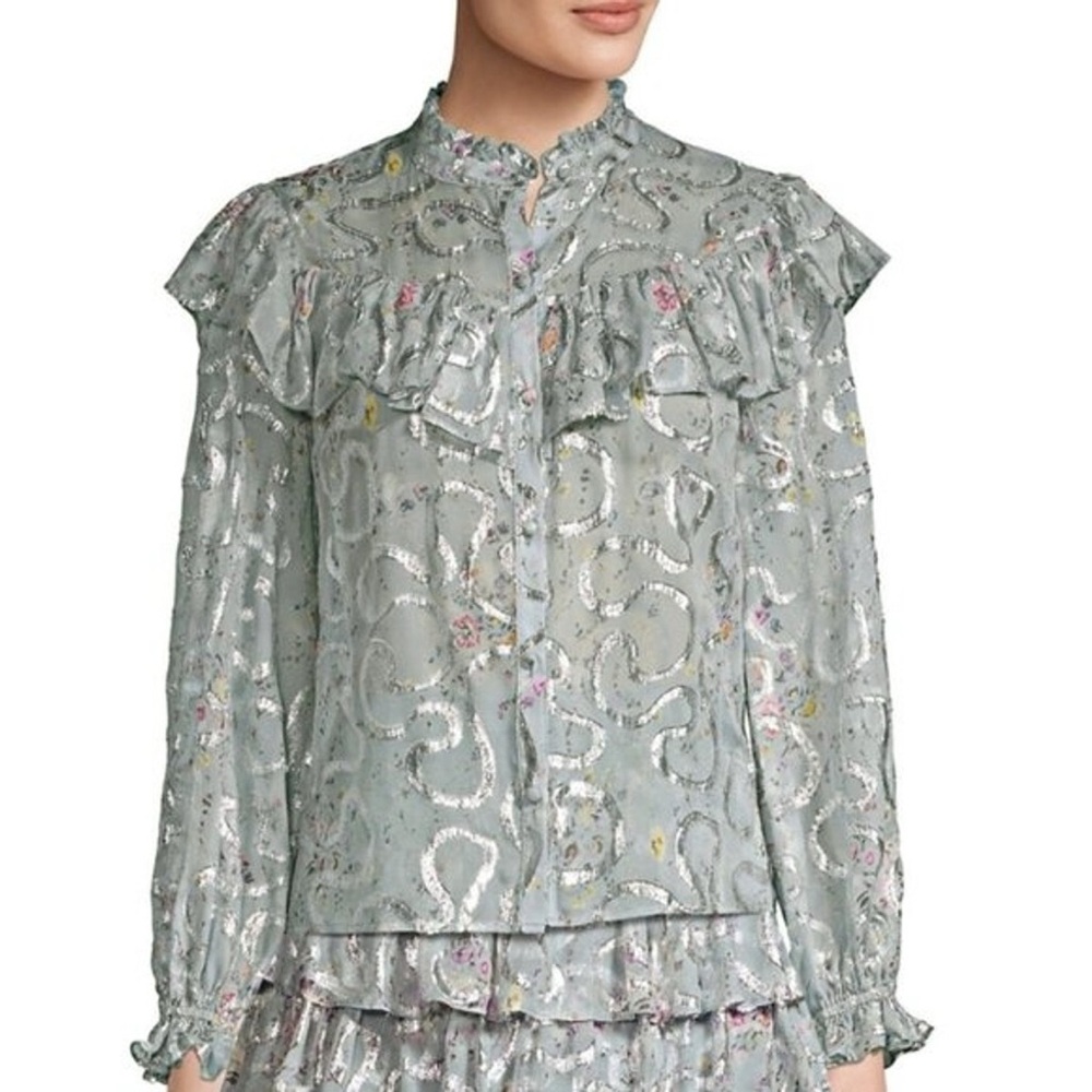 LoveShackFancy Silver and Pink Ruffled Blouse and Skirt set